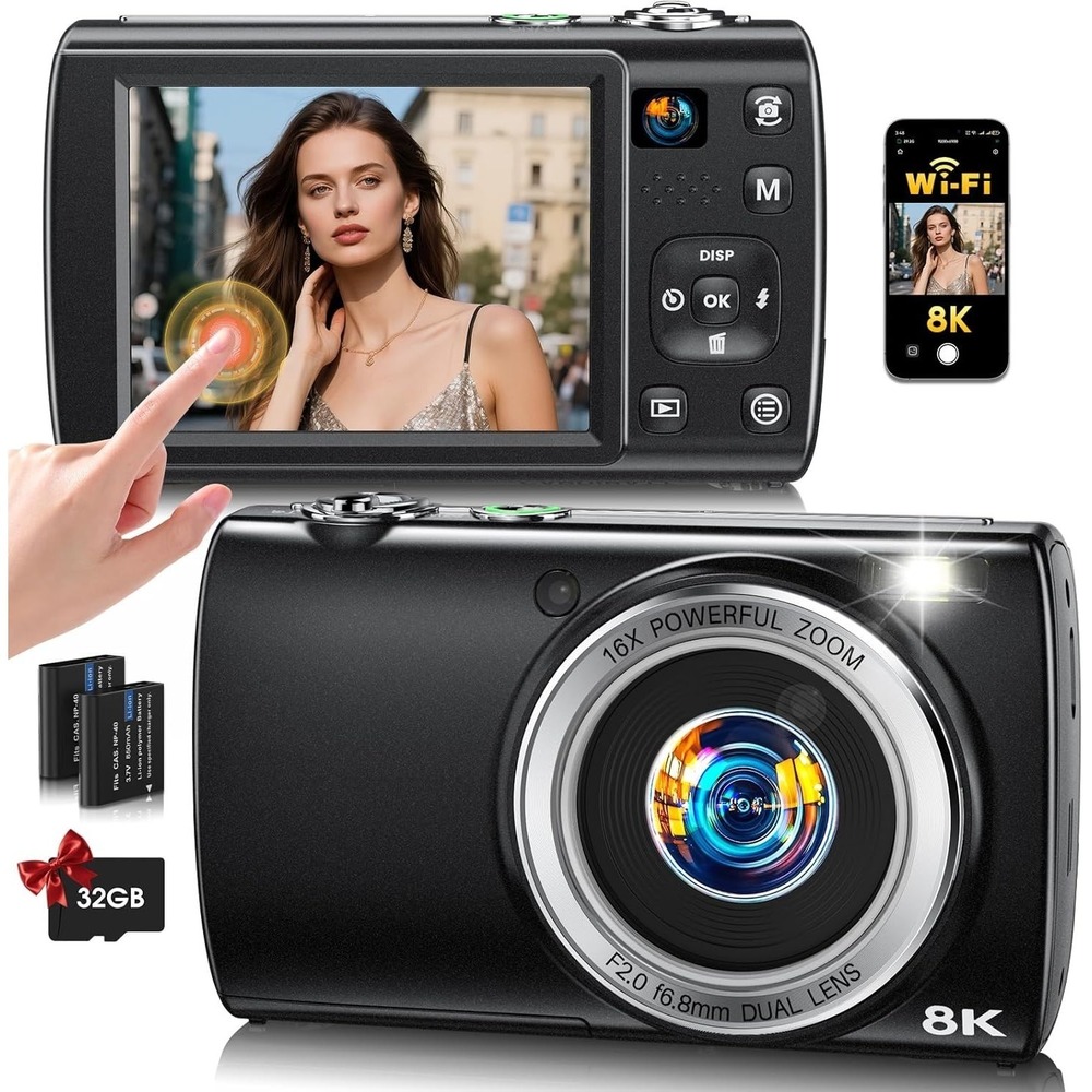 8K Digital Camera 88MP WiFi Vlogging Camera Dual Lens 16X Zoom Compact Travel